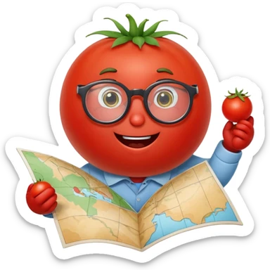 nerdy tomato character holding a map, with glasses and a cheerful expression sticker