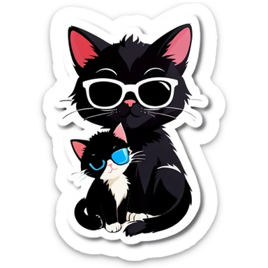 Black Cat with sunglasses hugging a kitten sticker