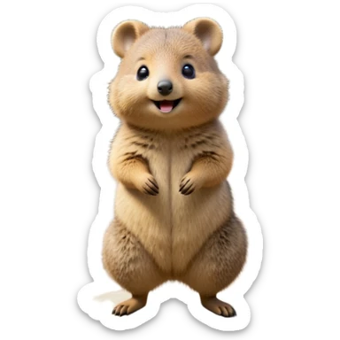 cinematic-quokka-realistic-full-body-standing on its hind legs hunched over-emoji,-small-round-frame-balanced-on-tiny-strong-hind-legs,giant fluffy cheeks large smile-fluffy-brown-fur-radiating-a-warm-softness,-big-round-eyes-filled-with-joy-and-innocence,-tiny-clawed-paws-held-close-to-chest,-cheerful-smile-exuding-endearing-happiness,-simplified-yet-realistic-focused-features,-highly-detailed,-glowing-with-a-sunny-warmth sticker