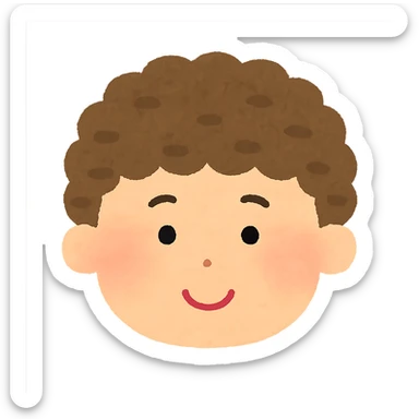 Irasutoya style head, round face, soft colors, simple features, friendly expression, short curly hair, no neck sticker