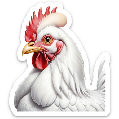Cinematic Noble White Rooster Portrait Emoji, Poised and regal, with a robust, commanding build and a pristine, well-groomed pure white plumage, deep-set soulful piercing eyes, Simplified yet sharp and sophisticated features, highly detailed, glowing with a soft, dignified glow, high shine, intelligent and proud, stylized with an air of barnyard majesty, focused and attentive, soft glowing outline, capturing the essence of a watchful and confident leader, so majestic it feels as though it could crow out of the screen with effortless authority! sticker