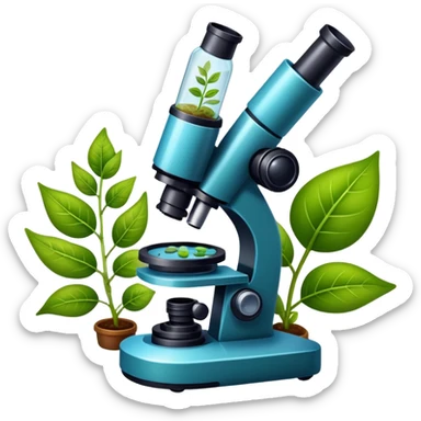 An icon featuring a microscope, a DNA strand, and plant leaves, symbolizing biology. The design includes cells, a test tube with a plant sample, representing life sciences, ecosystems, and the study of organisms. Transparent background highlights the exploration of living systems. sticker