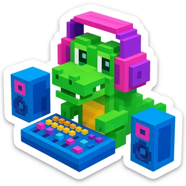 voxel style crocodile with large over-ear headphones in a music studio, isometric view, visible studio equipment like speakers and mixing desk sticker