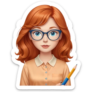 redheaded woman with very long wavy hair and bangs, blue eyes, clear cat-eye glasses, apricot silk blouse, pencil skirt, holding a pencil sticker