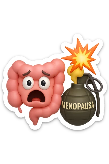 EMOJI STILE IPHONE 3D DI INTESTINO 3D CON ESPRESSIONE SPAVENTATA IN VOLTO MENTRE ACCANTO A LUI SCOPPIA UNA GRANATA 3D CON LA SCRITTA "MENOPAUSA" SOPRA, FAGLI ANCHE LA PARTE BIANCA DEGLI OCCHI, NON SOLO LA PUPILLA sticker