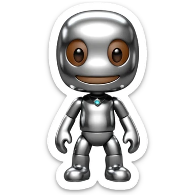 Turn this Sackboy character in the photo into 3D chrome metallic style, highly reflective and shiny, with realistic details sticker