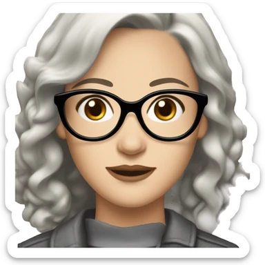 A white Lady with short strait pointed chanel black and gray hair,  light brown eyes with brown glasses sticker