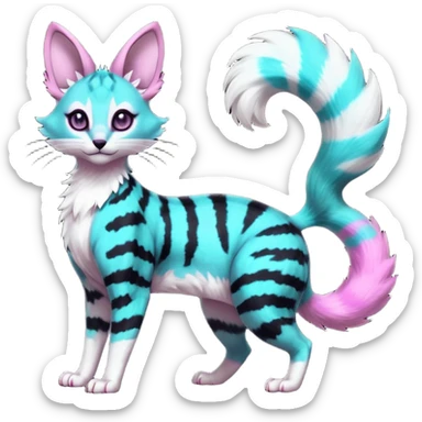 Fantasy onyx-obsidian-pitch-Black-coated with glowing random cyan and magenta markings divine beautiful elegant pretty precious cute young youthful  Fakémon-Pokémon-alien-opossum-feline-serval-caracal-chinchilla-Minccino-hybrid-creature with a big fluffy bushy striped tail (full body) sticker