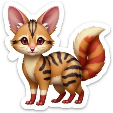 sanguine-red-streaked natural realistic divine beautiful elegant pretty precious cute young youthful  Fakémon-Pokémon-alien-opossum-furret-feline-serval-caracal-chinchilla-Minccino-hybrid-creature with a big fluffy bushy tail (full body) sticker