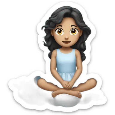An 8-year-old girl, with light skin, long black hair, wearing a dress with clouds drawn on it, sitting on a cloud. sticker