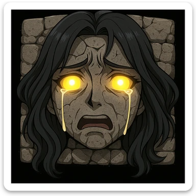 Add glowing eyes to Nigredo's face in the wall, keeping the anime-inspired style and expressive look. Maintain the anime style and expressive features while adding glowing eyes. sticker