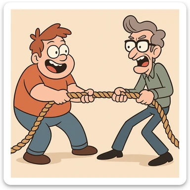 two cartoon characters engaged in a rope pulling contest, energetic, playful sticker