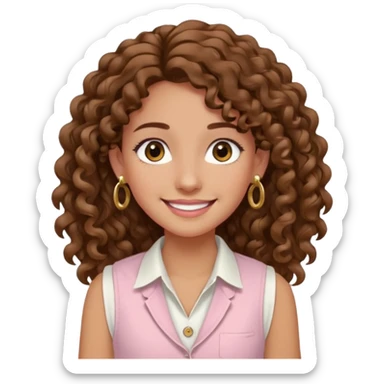 chica un poco morena (no demasiado), pelo rizado largo, sonriendo, con ojos grandes y marrones con camisa rosa palo y un chaleco blanco y aretes dorados en forma de circulo en sus orejas  sticker