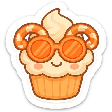 A cute cupcake with neon orange sugar cane sunglasses, the glasses are oversized and candy-like, cheerful and eye-catching, cute chibi stickers style sticker