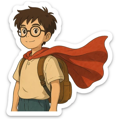 student with glasses and backpack, wearing a superhero cape sticker