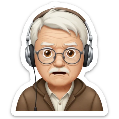 Brown old man with medium white hair, using glasses and headphones looking surprised and angry, no facial hair, a little chubby, looking to the left superior corner sticker