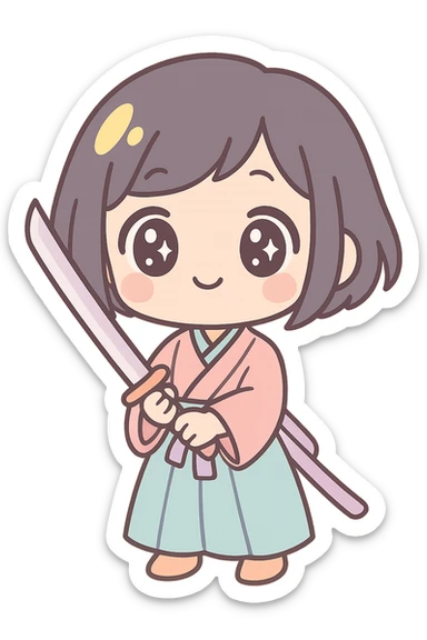 chibi style kawaii samurai girl with short hair and one streak of blonde in her hair, cute expression, holding a katana, pastel colors, soft shading sticker