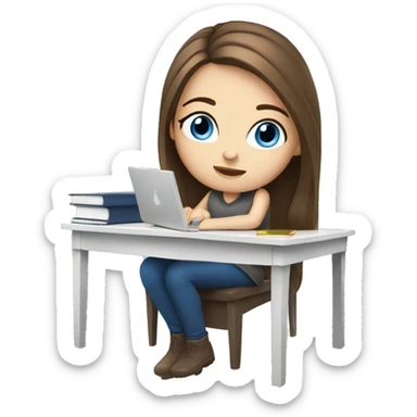 white girl studying at a white desk, brown hair, blue eyes; sticker