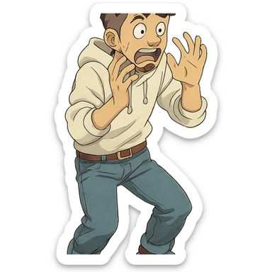 1 male, mid fade haircut dark chestnut brown curly hair, toasted lightskin, white hoodie sleeves up, fashion jeans, red fashion-sneakers shoes, red belt, short trimmed beard and goatee,  style of deku from "my hero academia", doing a "oh no / scared" pose sticker