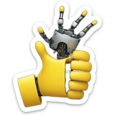 A yellow human hand shaking hands with a robotic hand sticker