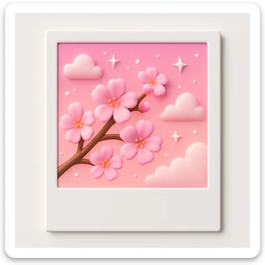 A polaroid picture with pink cherry blossoms and a pink sky with stars and clouds, in 3D iOS style, with a white background. sticker