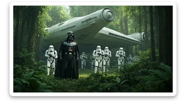 cinematic still, Medium shot, amazon jungle, Darth Vader around stormtroopers coming out from starship on ground, they are exploring the jungle, inspired by StarWars movie, captured by arri alexa sticker