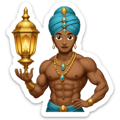 mystical fantasy illustration of a powerful jinn emerging from an ancient golden lamp.  sticker