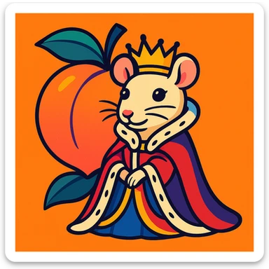 a peach with a rat queen's face, wearing royal attire, in a vibrant toon style sticker