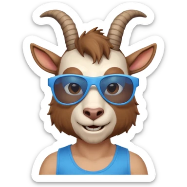 3D cartoon goat man portrait, head and shoulders, brown fur, small horns, blue reflective sunglasses, slight smile, tank top, soft lighting, centered, clean background, no text, no watermark
 sticker