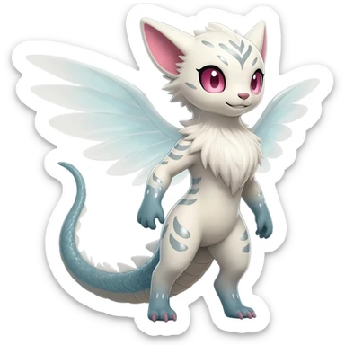 Cute realistic albino Minccino-Lykoi-Emolga-Pachirisu-Zangoose-fusion-hybrid-animal-Fakémon-creature, full body, thin long sleek scaly tail, intricate markings sticker