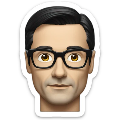 photo realistic Ralf Hutter from Kraftwerk, short straight black hair, black glasses, Tesla T-shirt sticker