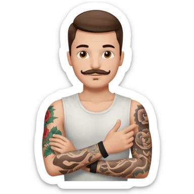Handsome boy with brown mustache and one arm sleeve tattoos  sticker