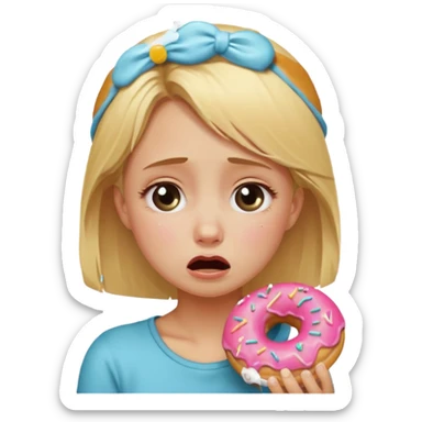 blonde girl crying with munchkin donut sticker