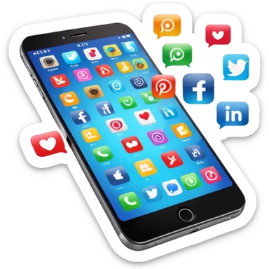 smartphone with social media icons popping out of the screen sticker