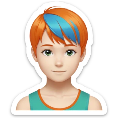 A boy with a feminine appearance, bright orange short hair with bright blue-green at the bangs and the ends of the back hair. The hairstyle is straight to the bangs, the length of the sideburns reaches the collarbone and a small ponytail tied to the side. The eye color is light brown with a little orange. He is usually smiling. The eyebrows have a little bit of a splayed eyebrow, and the angle of the eyes is a little bit foxy. sticker