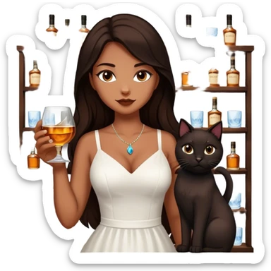 Beautiful woman in 1950’s woman fashion look, white dress, long dark brown hair, whisky with ice, black cat sticker