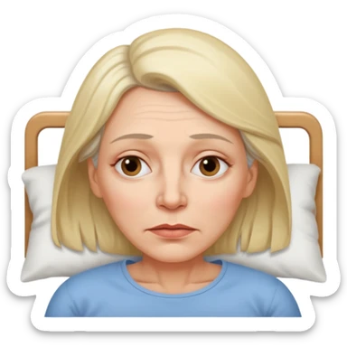 A 55-year-old woman lying in bed. She looks exhausted and desperate, with visible dark circles under her eyes, tired facial expression. sticker