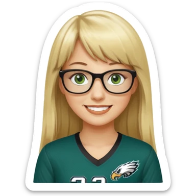 long blonde hair with bangs black glasses female green eyes football player wearing eagles jersey number 33 sticker