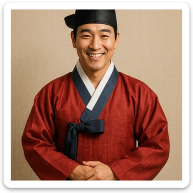smiling man in hanbok, hands folded, traditional look sticker