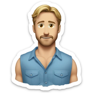 ryan gosling as ken with an open blue shirt without sleeves sticker