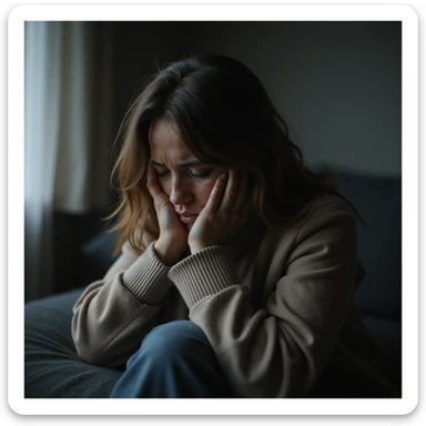 realistic image of a woman sitting with a lost gaze, severe damage to well-being, signs of stress and fatigue, sad atmosphere, realistic details sticker