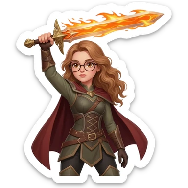 detailed emoji illustration of a woman with long light brown wavy hair and light brown eyes wearing round glasses, raising a flaming sword above her head, heroic fantasy pose, emoji style sticker