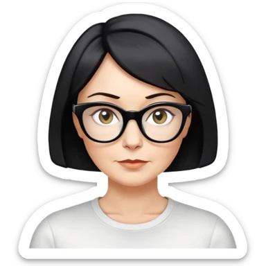 white woman about 50 years old with light warm skin, short black bob haircut to neck with slight waves at ends, neutral determined expression, large black shiny butterfly or cat-eye glasses, white casual t-shirt, calm and creative energy sticker