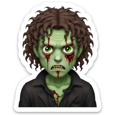 long curly haired male zombie with brown hair color and green eye color, with dark vampire clothes and angry face emotion sticker