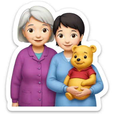 Human size of winne the Pooh and a Asian grandma next each other sticker