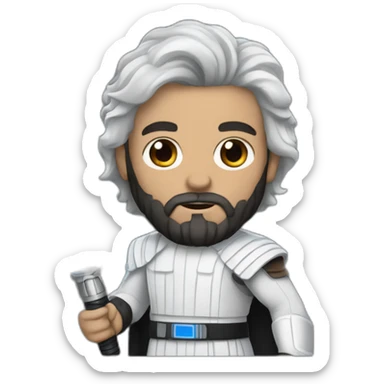 A white Portuguese with black and medium-length hair and a beard that holds a blue lightsaber sticker