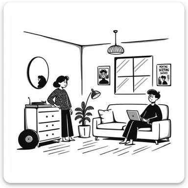 A mid-century modern living room with two people working on laptops — a woman standing at a dresser and a man sitting on a couch. The room has visible floor and two walls forming a corner, large window, modern pendant lamp, turntable, vinyl record stand, retro posters on the wall sticker