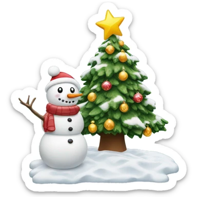 decorated christmas tree with snow and a snowman standing next to it sticker