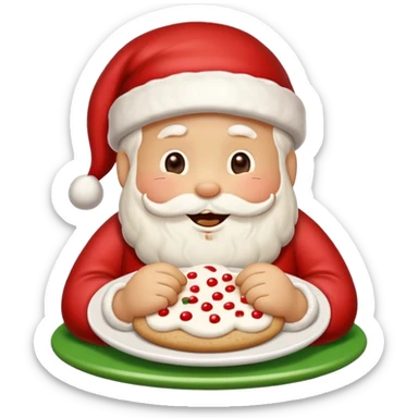 “A cute Christmas-themed Santa cookie, decorated with red and white icing, smiling face, sitting on a small plate, cartoon-style, vibrant colors, festive and cozy mood” sticker