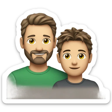 Handsome Father 40s green eyes with short full beard with Son 13s light brown eyes tousled bedhead look both has brunette hair light skin arms on shoulder portrait sticker